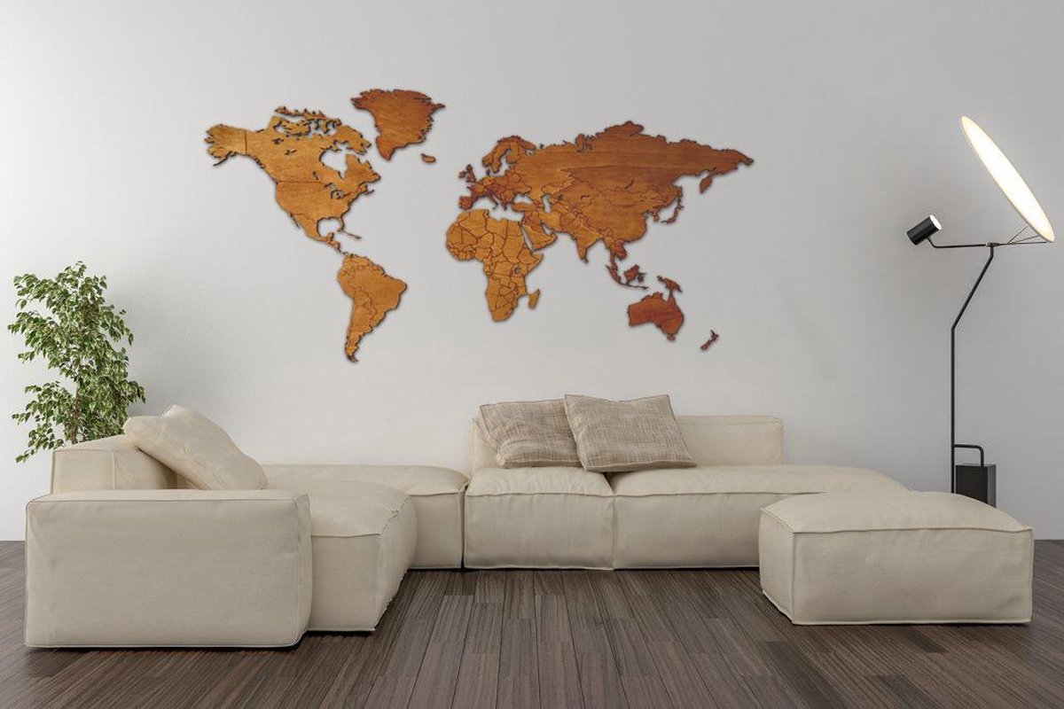 Houten   Groot | Warm Hout - Volledig Duurzaam - Landkaart - 170 x 85 CM - Wanddecoratie - Design - Wereld Kaart - Land Kaart